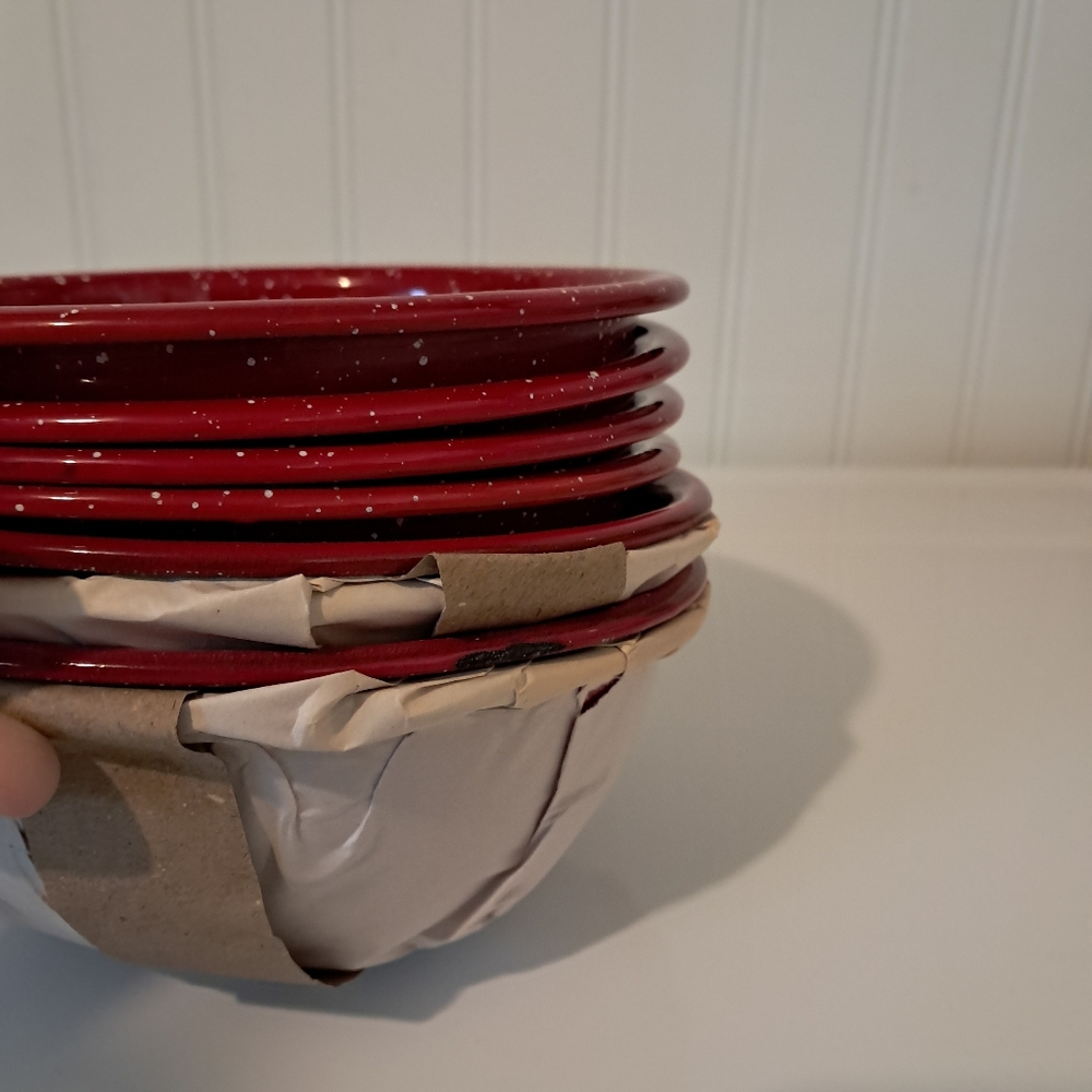 Coleman Red And White Speckled Enamelware Cereal Bowl Set/8 Vintage Retro Camp - Picture 2 of 6